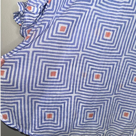 Oliphant Blue White Geometric Cotton Popover Tunic Top Roll Tab Sleeve Medium - Picture 4 of 6